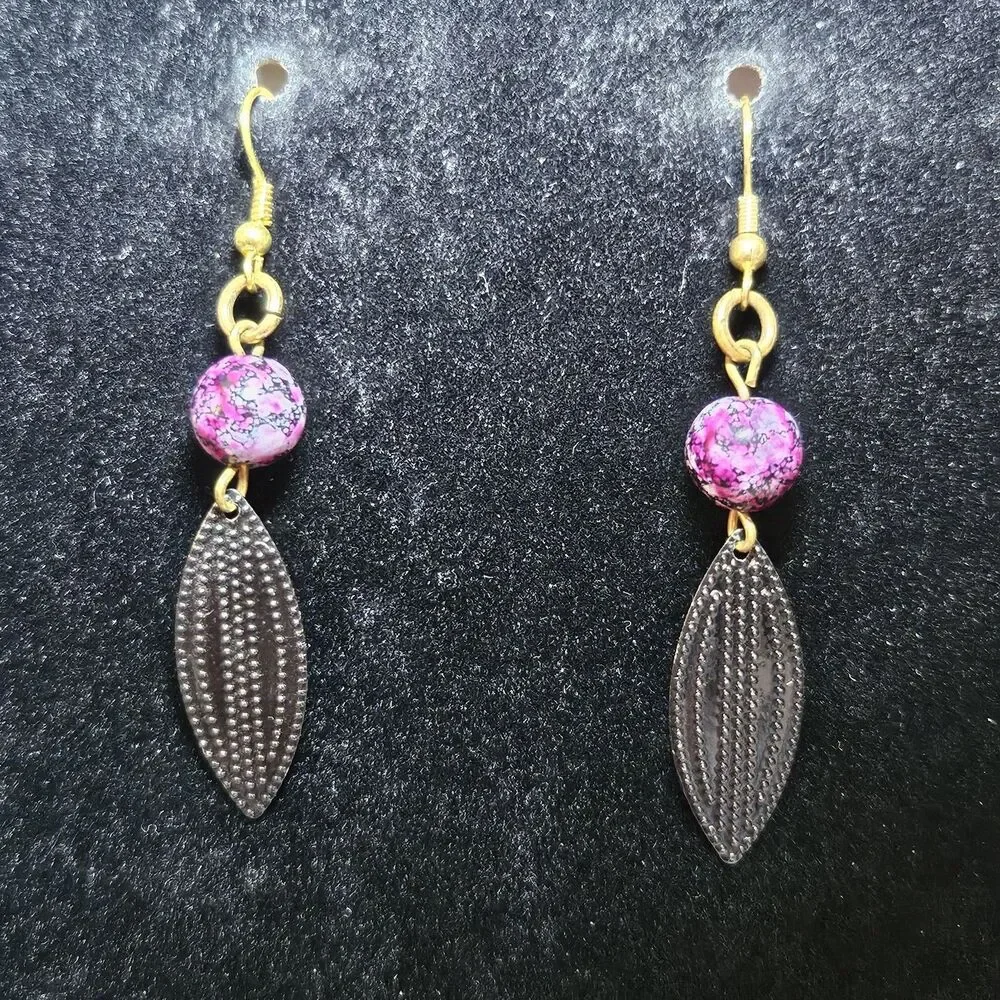 Gold Tone Purple Bead Black Metal Dangling Earrings
